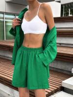Conjunto de dos piezas de camisa de manga larga con cuello vuelto, botones y bolsillo, y pantalones cortos anchos de pierna, de algodón, estilo primaveral/veraniego. - details 11