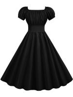 Summer women puff sleeve casual vintage party solid elegant midi dress - details 18