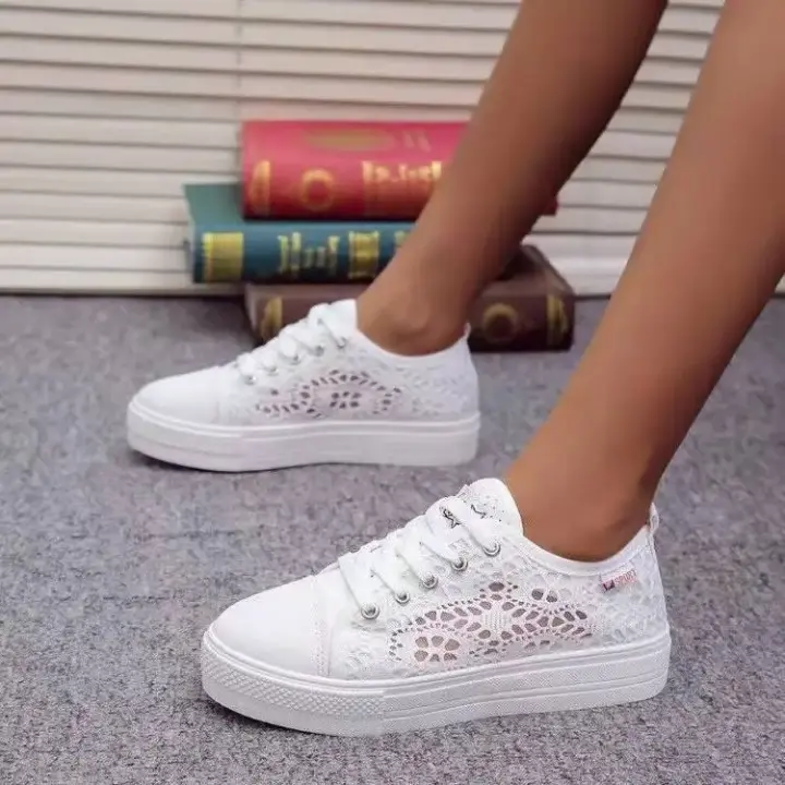Zapatos informales de verano para mujer, zapatillas planas de lona con encaje, transpirables, con plataforma - 1