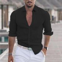 Camisa de algodón y lino para hombre, camisa informal de moda con cuello tipo Polo para playa, camisas de manga larga hawaianas sólidas para vacaciones, novedad de 2025 - details 3