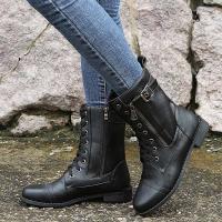 Botines de punta redonda con cordones para mujer, botas militares de combate de tacón bajo de media pantorrilla, botines de equitación - details 14