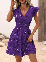 Vestido corto con estampado Floral para mujer, minivestido informal con manga con volantes, color morado - details 3