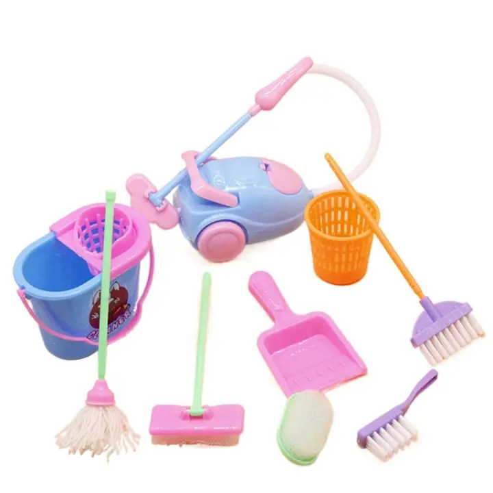 9 unids/set juego de simulación 1:6/1:12 muebles para casa de muñecas fregona de barrido casa de muñecas herramientas de limpieza del hogar cepillo educativo - 1