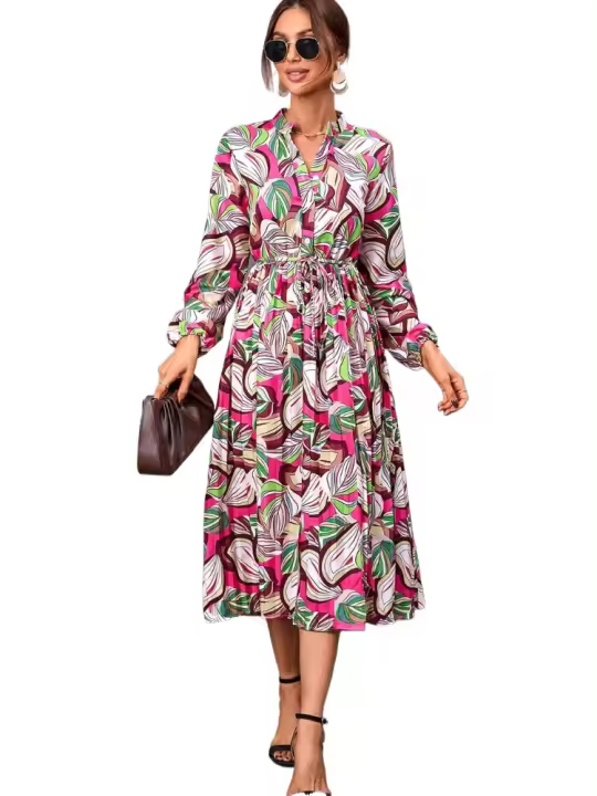Vestido casual elegante de manga larga para mujer con estampado de hojas elegante - 1