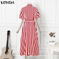 Vestido de mujer 2025, vestido veraniego a rayas bohemio, Vestidos con volantes de verano, VONDA, informal, holgado, con cuello de solapa, estampado, bata con cinturón de gran tamaño - details 7