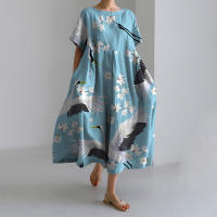 Novedad de verano, vestido elegante Vintage estampado de manga corta con cuello redondo, vestidos largos informales holgados con bolsillos y temperamento - details 7