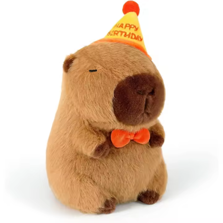 Capybara-animales de peluche Kawaii con lazo de sombrero de feliz cumpleaños, juguetes para regalos de cumpleaños, decoración de fiesta para niños, marrón - 1
