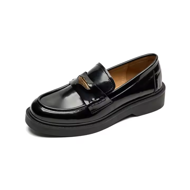 Mocasines de suela gruesa para mujer, estilo retro, negros, sin cordones, estilo universitario, de cuero, para otoño, 2025 - 1