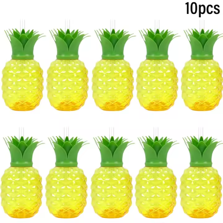 Taza de plástico para beber con pajita, vaso de piña y fresa, decoración de fiesta hawaiana, flamenco Luau, decoración de fiesta de playa y piscina, 10 piezas - 1