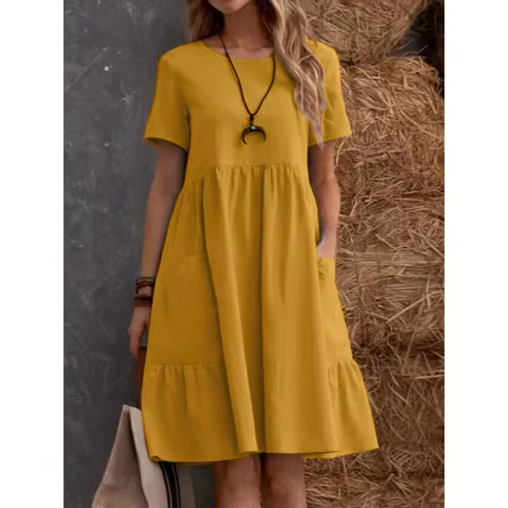 Vestido retro de algodón y lino con cuello redondo y bolsillos sueltos de color sólido para mujer - 1
