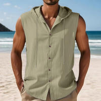 Camisa americana de lino de verano para hombre, informal, sección delgada, con capucha de lona, sin mangas, tipo chaleco. - details 1