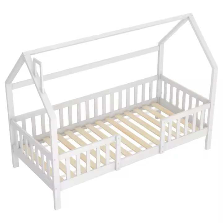 Cama de Piso para Niños con Chimenea Marco de Escalones de Pino 90x200cm Blanco Sin Almohada - 1