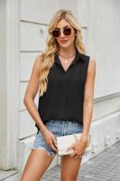 Camisa y blusa de verano para mujer, blusa holgada de gasa de Color sólido sin mangas con botones, hermosa en promociones, Tops femeninos - details 2