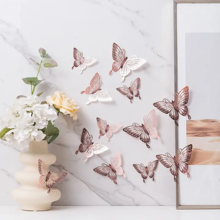 12 unidades. Nuevas pegatinas de pared de mariposas 3D, mariposa hueca, papel tapiz de mariposa DIY, calcomanía autoadhesiva, decoración de Festival - 1