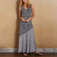 Vestido femenino informal de playa holgado con dobladillo ancho y cuello en V sin mangas estilo bohemio Vintage con estampado geométrico para mujer - details 2