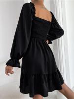 Vestido elegante de manga larga con cuello liso y volantes para mujer - details 5