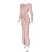 Vestido Formal Ocn para mujer, elegante vestido gris con cuello redondo y manga larga con pliegues y cintura alta, vestido de fiesta de noche - details 10