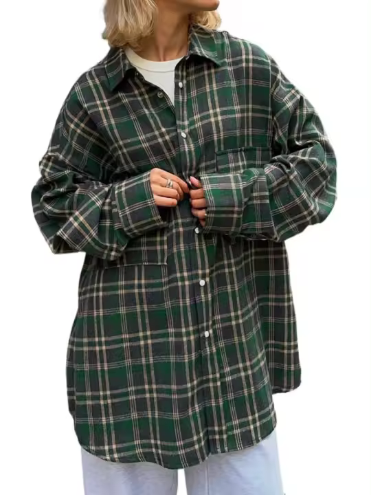Camisas de mujer a cuadros retro holgadas de manga larga a la moda, ropa popular coreana - 1