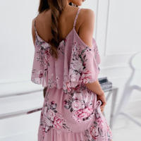Vestido corto con volantes y tirantes finos para mujer, minivestido de manga corta con hombros descubiertos para playa - details 7