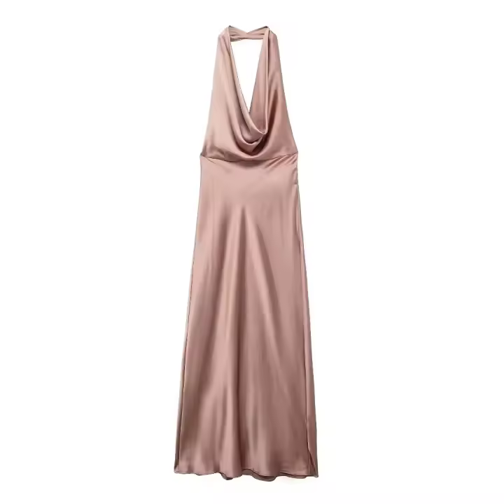 Vestido largo de satén sin mangas para mujer, casual Tre con escote grande y espalda abierta, fruncido, verano - 1