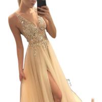 Vestido de mujer Vestido de noche de fiesta con empalme con cuello en V dorado brillante de verano - details 4