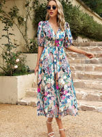 Vestido de verano de estilo callejero para mujer, traje elegante y Sexy con cuello en V, estampado de flores, mangas farol, largo, 2024 - details 1