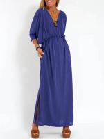 Vestido de verano nuevo de moda de color sólido con cintura alta y cuello en V dividido. - details 4