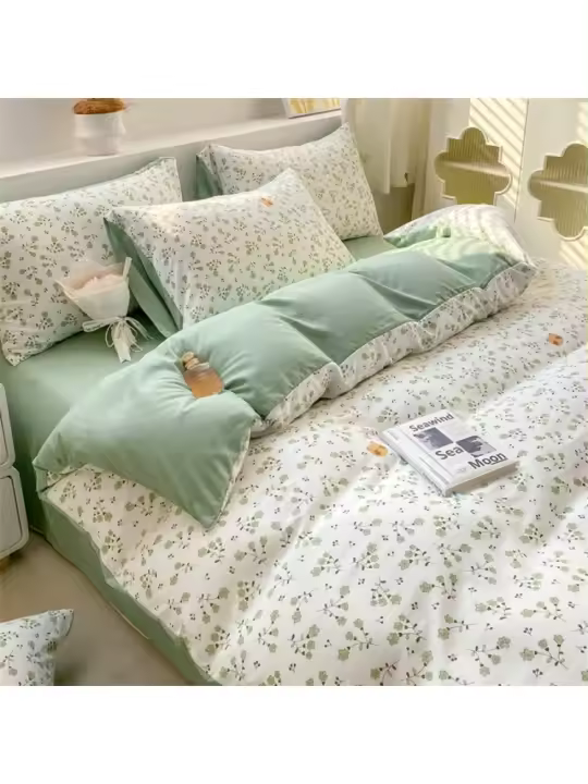 Conjunto de Cama Floral Retro Coreano Sábanas de Algodón Lavado 100%, Funda de Edredón Suave, Funda de Almohada - 1