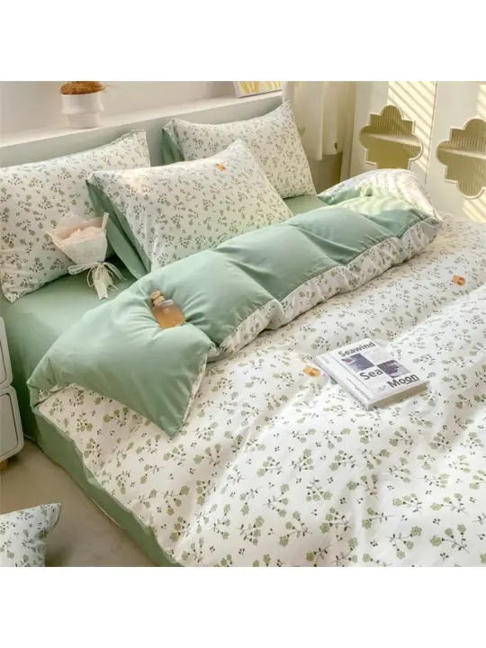 Conjunto de Cama Floral Retro Coreano Sábanas de Algodón Lavado 100%, Funda de Edredón Suave, Funda de Almohada - 1