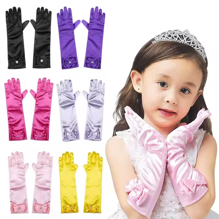 Guantes largos de baile de princesa para niños, manoplas de dedo completo, lazo de lentejuelas satinadas, regalos de cumpleaños - 1