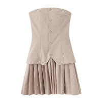 Vestido corto sin tirantes con dobladillo plisado para mujer, minivestido elegante con botones delanteros y bolsillo falso, vestidos de calle - details 0