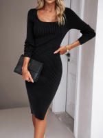 Vestido de punto acanalado para mujer, suéter ajustado con aberturas, elegante, de manga larga, otoño e invierno, 2023 - details 4