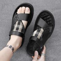 Sandalias de los hombres de la primera capa de cuero de vaca, zapatos de playa de suela suave, cojín de látex de los hombres de verano, nuevas dos zapatillas de desgaste, sandalias al aire libre - details 3