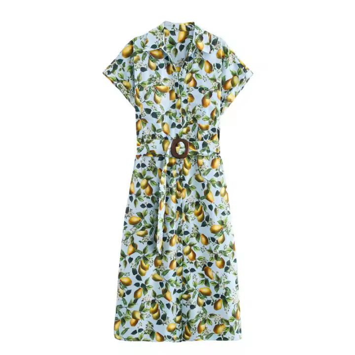 Vestido Largo Informal con Estampado de Frutas para Mujer Nuevo Estilo Europeo Americano, Manga Corta, Cuello Abatible, Otoño 2025 - 1