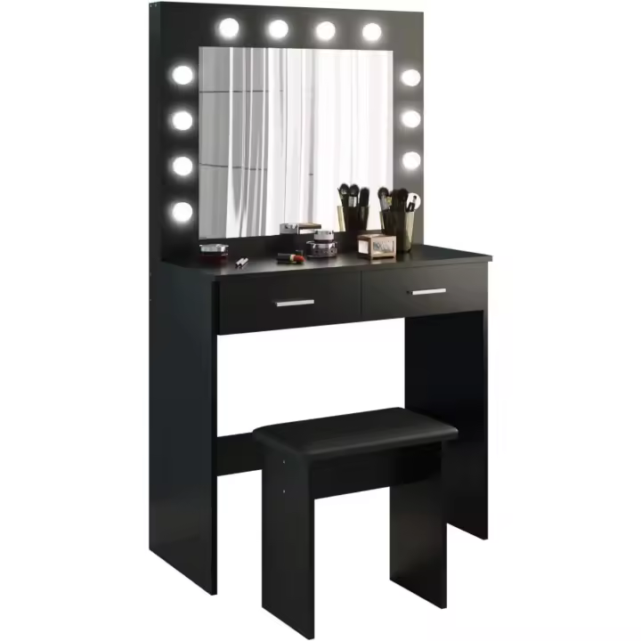 Mesa de Maquillaje con Hollywood LED Espejo, 2 Cajones Grandes y Taburete,80x40x140cm - 1