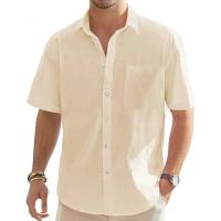 Camisas de manga corta de lino y algodón de color liso para hombre, Tops de verano para vacaciones en la playa con bolsillo, camisas informales ligeras con botones - details 0