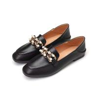 Mocasines de piel auténtica para mujer, cadena de tacón bajo, tacón grueso, tacones altos, zapatos de mujer antideslizantes con punta redonda, albaricoque de primavera - details 2