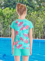 Conjunto De Baño De Dos Piezas Para Niñas Con Estampado De Flores, Top De Manga Corta Y Pantalones Cortos Deportivos Para La Playa O La Piscina - details 9