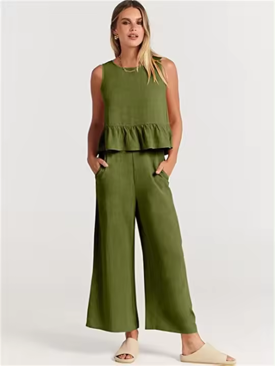 Conjunto de verano de dos piezas para mujer, suéter informal sin mangas, top y pantalones sueltos para mujer - 1