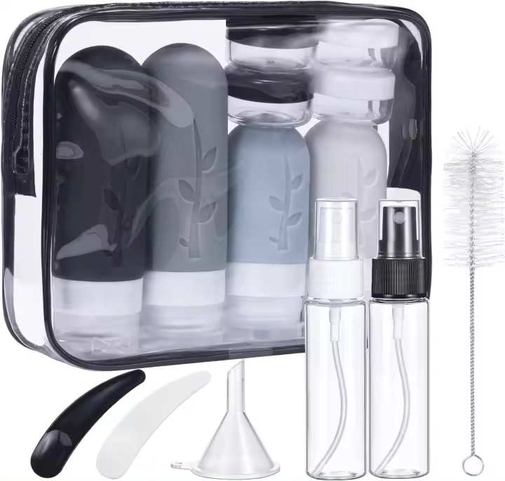 Botellas de Viaje Silicona, Revivoer 16 Piezas Juego de Botellas de Viaje y Accesorio de Viaje Portátil con Botes para Gel y Champu, Libres de BPA y Perfectas para Tus Viajes (Rosa) - 1