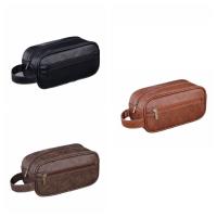 Bolsa de lavado de cuero portátil con múltiples bolsillos para hombre, bolsa con cierre, bolsa de almacenamiento de cosméticos de mano, bolsa de maquillaje impermeable de gran capacidad para hombre - details 1