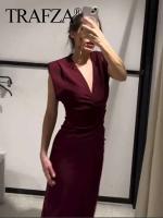 TRAFZA 2025 verano mujer moda tendencia vino rojo vestidos a media pierna ajustados mujer con plisado vestido de noche Vestidos - details 0