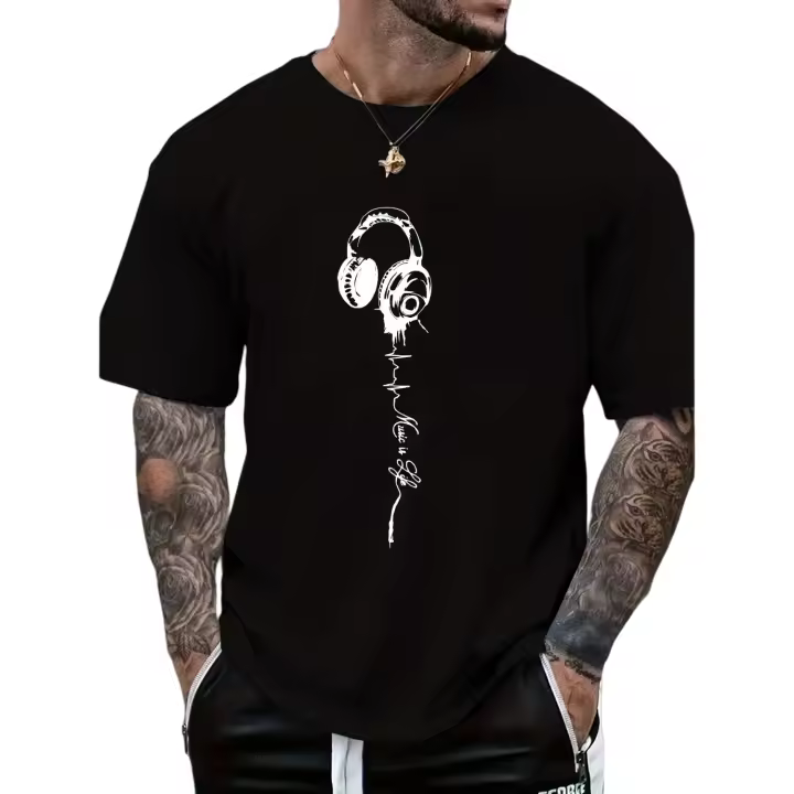 Camisetas de manga corta con estampado musical para hombre, cómodas camisetas informales elásticas con cuello redondo, ropa para hombre - 1
