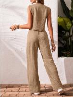 Conjunto de Lino para Mujer Verano 2025 Chaleco Abotonado con Cuello V y Pantalón Ancho - details 9
