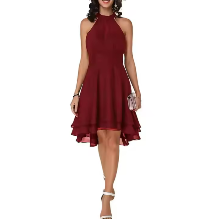 Vestidos de mujer sin espalda y sin mangas, vestido corto de gasa en capas de verano, sólido, cintura alta, delgado - 1