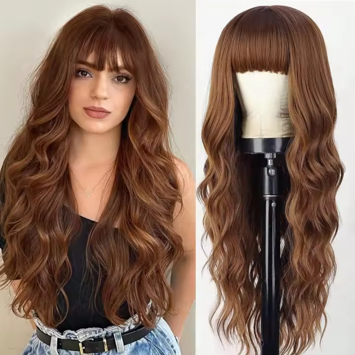 Peluca de gran venta femenina negra cambio gradual blanca Qi flequillo olas grandes pelo largo y rizado seda de alta temperatura cubierta de cabeza completa pelo rizado transpirable ajustable - 1