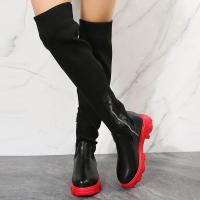 Botas de cuero por encima de la rodilla para mujer, zapatos de tacón grueso de punto rojo, terciopelo cálido, punta redonda, transpirables, talla grande, invierno, 2023 - details 9