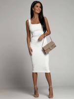 Vestido Bodycon de Moda Verano Cuello Cuadrado Kintted de Lino Khaki Vestido Mid de Moda para Mujeres Estilo Casual y Adelgazado - details 8