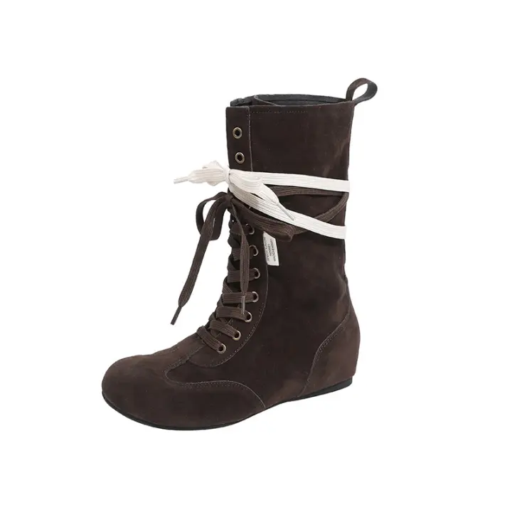 Botas de ruibarbo retro Botas de boxeo callejeras negras con cordones de realce interior - 1