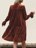 Otoño e Invierno suelto Color sólido con cuello en V vestidos de manga larga para mujer nuevo en elegante Retro Casual Midi vestido femenino - details 11